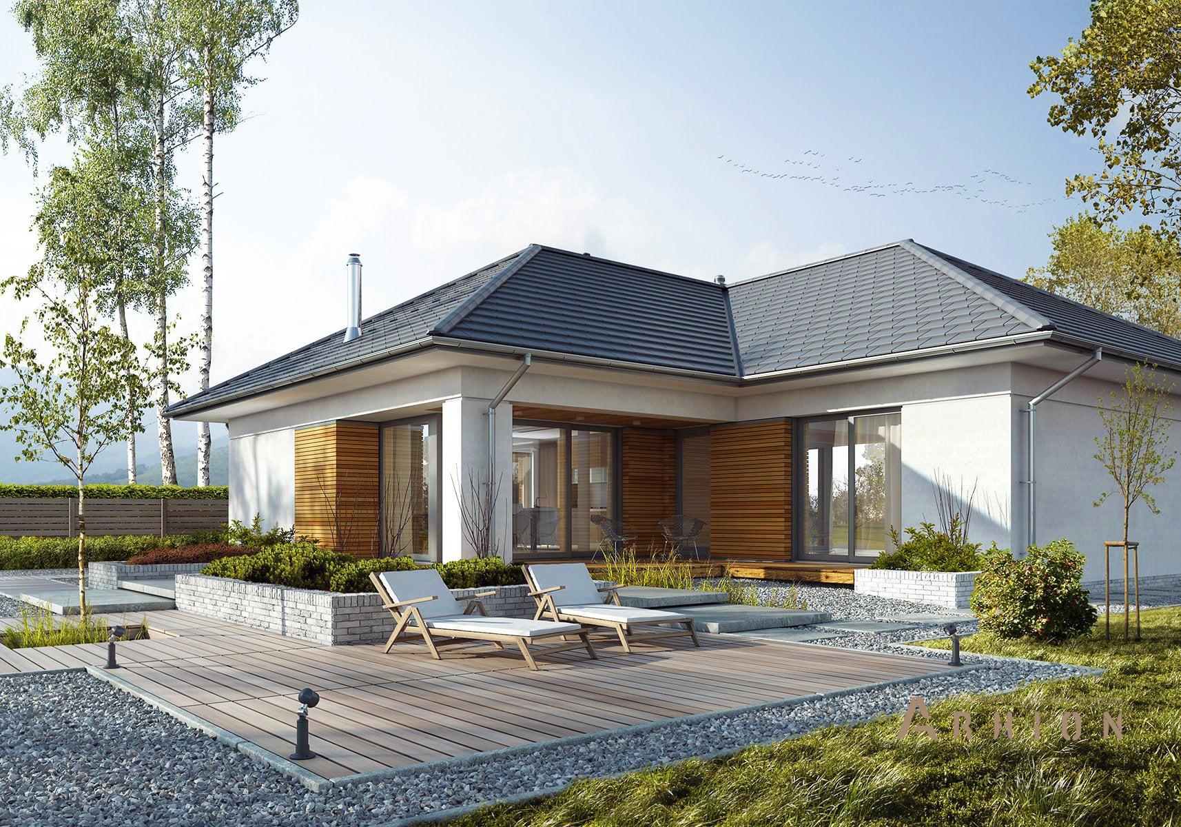 2. Проект одноэтажного дома в современном стиле с плоской кровлей , BY-4, площадью - 155 кв c терассой, гаражом